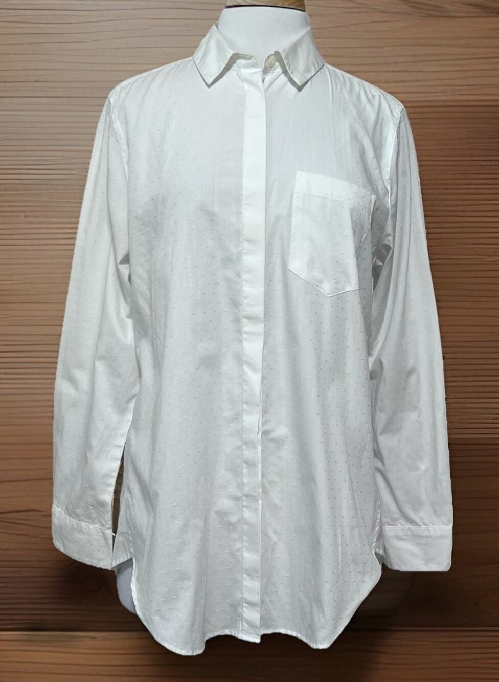 Van Heusen Womens L Solid White Swiss Dot Oxford Shirt Long Sleeve Hidden Button